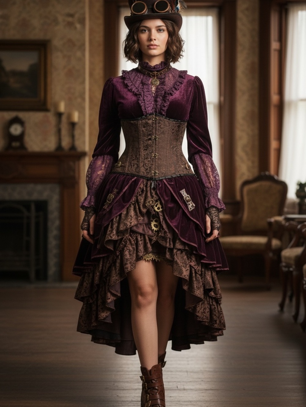 Brown Brocade Steampunk Underbust Corset Steel Boned Gothic Victorian Waist Belt